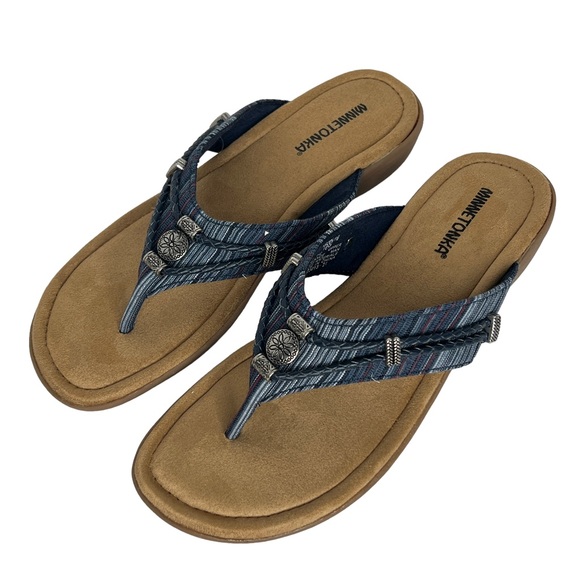Minnetonka Blue Silverthorne Thong Slide Fabric And Leather Sandals Size 10M - Picture 12 of 14